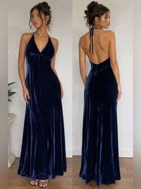 Vintage Finesse U.S.A. Blue Velvet Halter Maxi Dress Slip Bodycon Formal Y2K